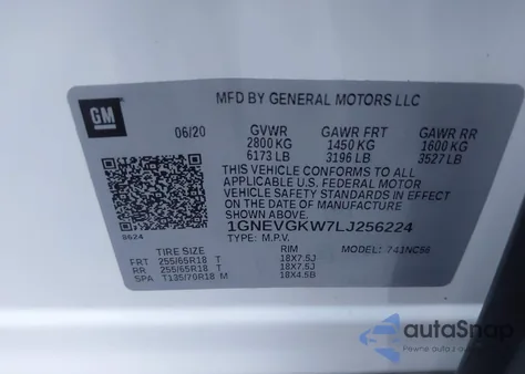 2020 Chevrolet Traverse Awd Lt Cloth from USA, damaged, VIN 1GNEVGKW7LJ256224